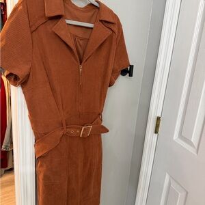 Rust Corduroy Belted Dress